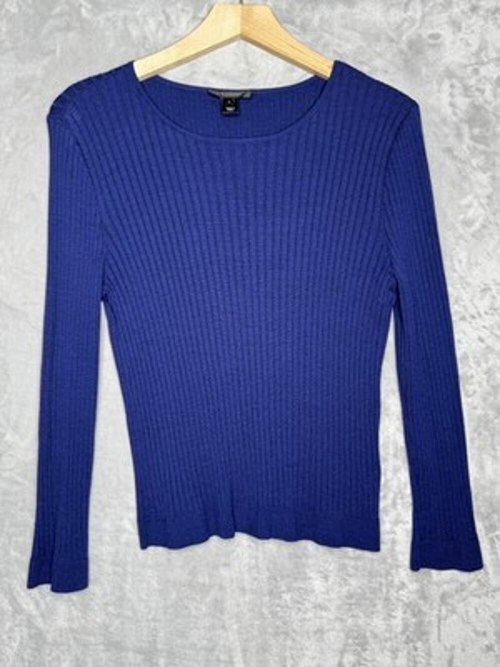 St. John Sweater Womens Medium Blue Wool Rayon Ribbed Crew Neck Knit Pullover